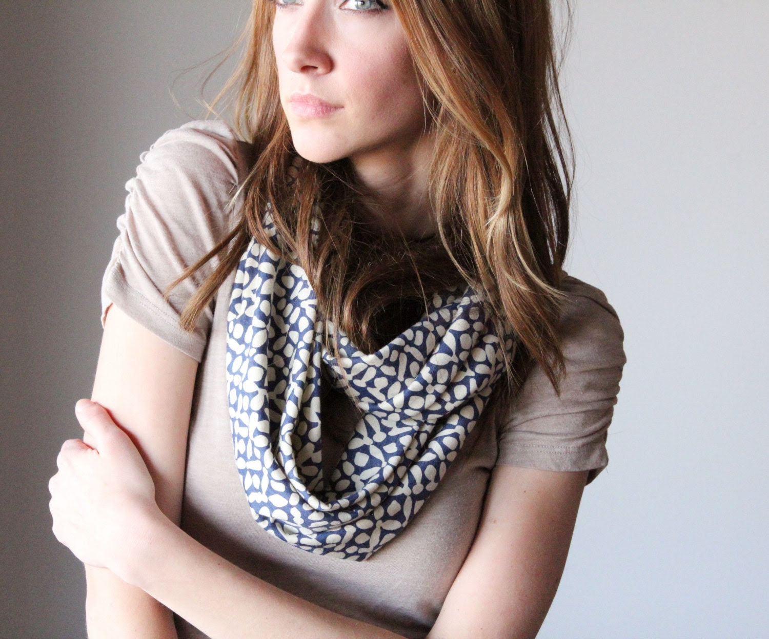 Blue tan print infinity scarf