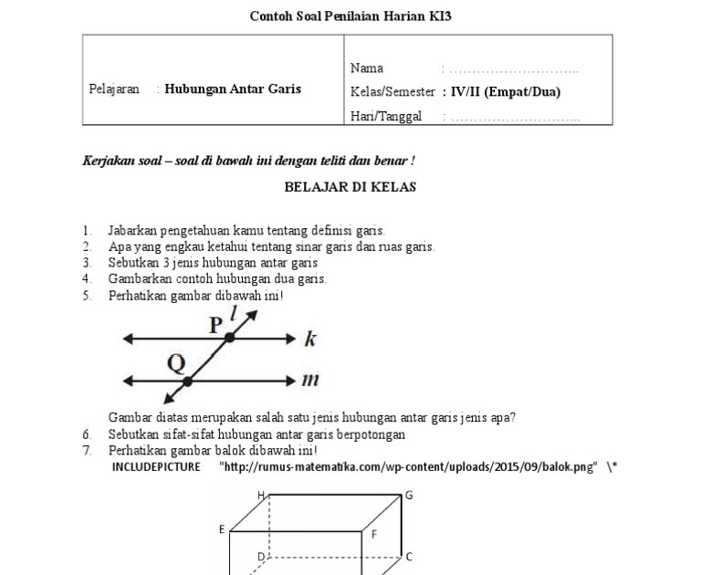 Soal Matematika Hubungan Antar Garis Kelas 4 Sd