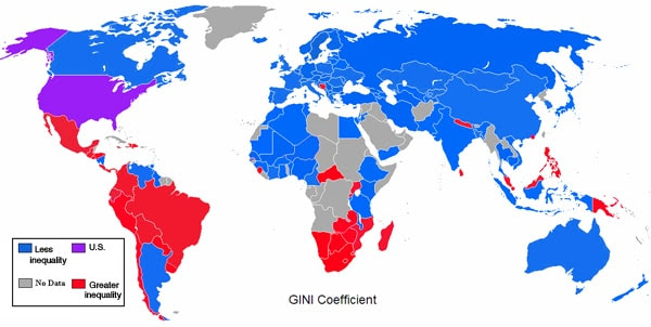 Clique para ampliar. Países azuis são mais iguais do que os EUA, os países vermelhos são mais desigual. (Max Fisher)