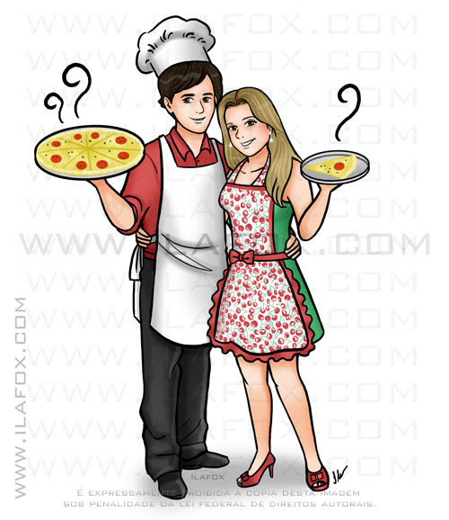 Caricatura casal segurando pizza, caricatura chá de cozinha, by ila fox