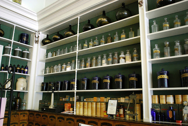 Shelves of medcines and potions and such
