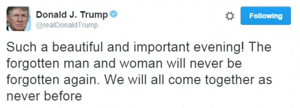 Primeiro tweet: Donald Trump chamado a noite de sua vitória sensacional "belo" e disse aos americanos: "Vamos todos juntos como nunca antes '