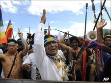 Marlon Santi, president of Ecuador's main indigenous federation, leading protests outside the summit. 