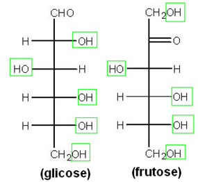 Estruturas da glicose e da frutose, com grupos hidroxila em destaque