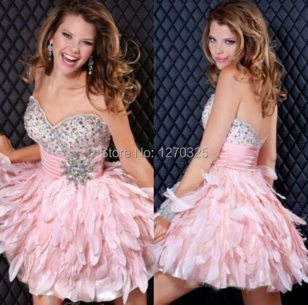 2014 heart shaped collar nail bead jewel Skirt Pink fluffy feather princess short prom dress dance
