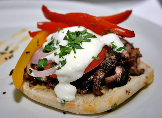Lamb Shawarma. Grilled lamb on pita bread with yoghurt and hummus. Syria, anyone?