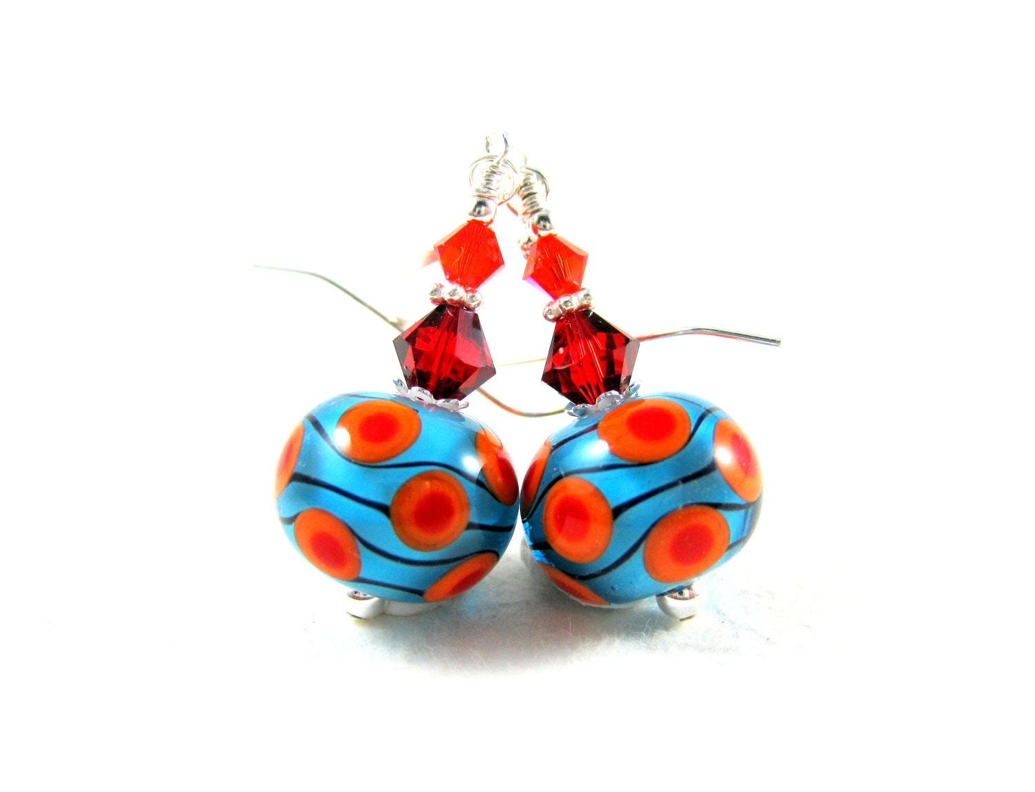 Turquoise Orange Glass Earrings, Beadwork Earrings, Blue Red Orange Lampwork Earrings, Polka Dot Earrings, Geometric Earrings - Wavelength - GlassRiverJewelry Turquoise Orange Glass Earrings, Beadwork Earrings, Blue Red Orange Lampwork Earrings, Polka Dot Earrings, Geometric Earrings - Wavelength - GlassRiverJewelry