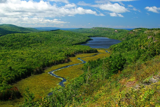 Landscape view of Lake of the Clouds, with the Porcupine Mountains and Carp River.