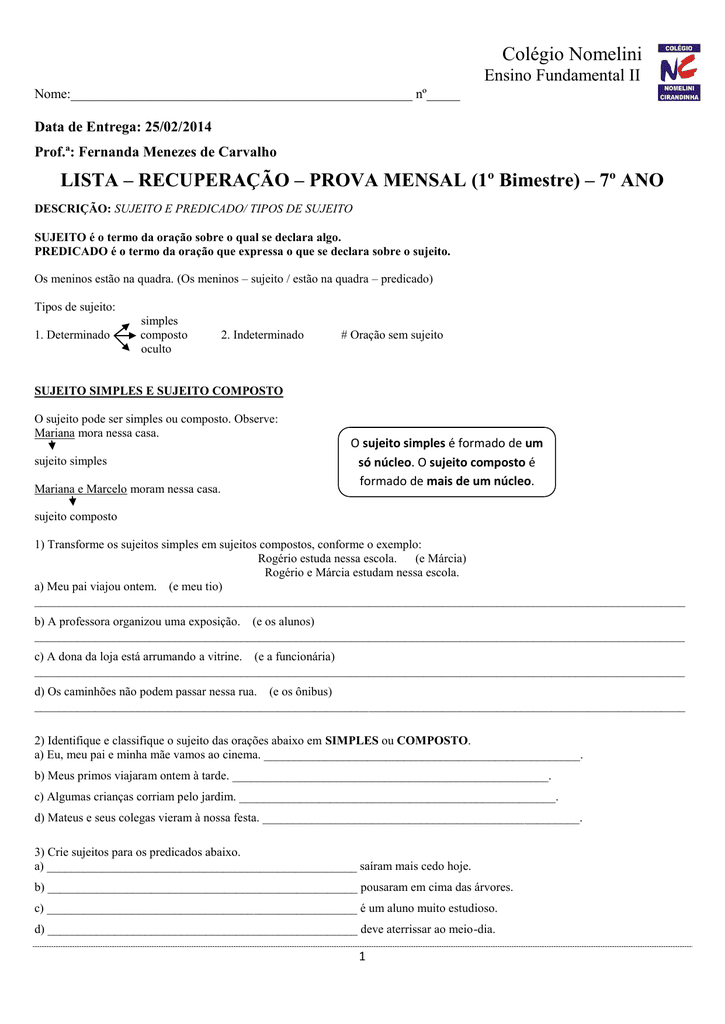Exercicios De Sujeito E Predicado Ensino Fundamental Com Gabarito