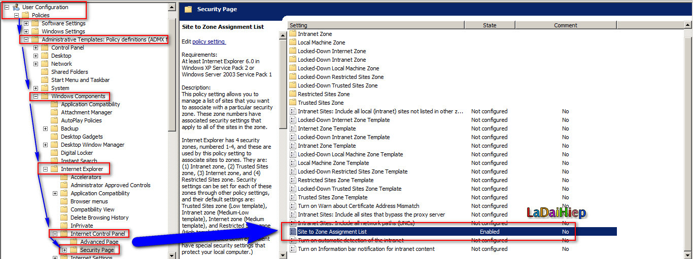 internet explorer group policy site to zone assignment list