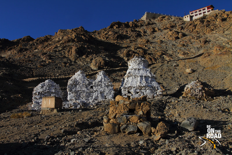 Small stupas on the climb up to Shanti Stupa