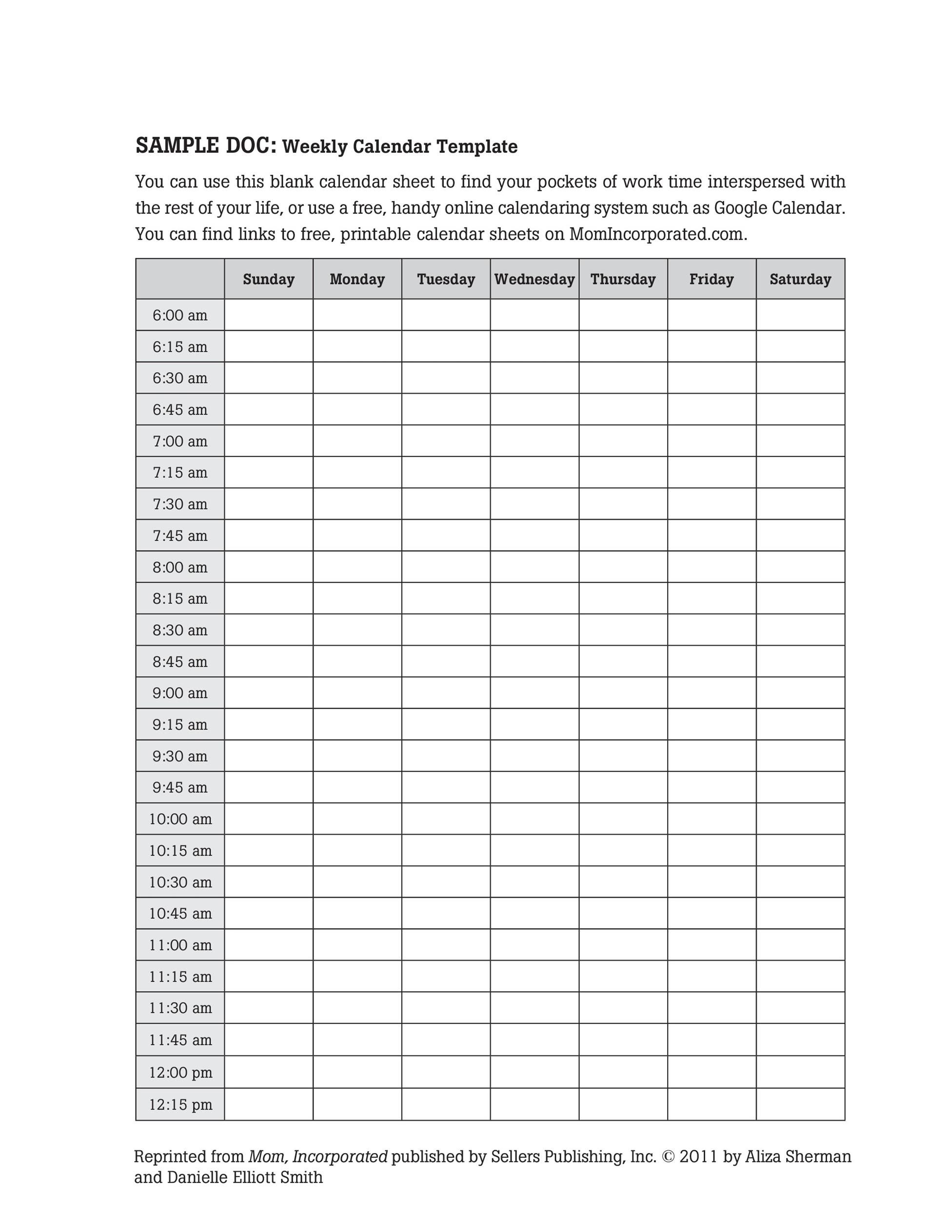 Printable 15 Minute Schedule Template