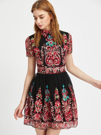 Embroidered Mesh Overlay Skater Dress