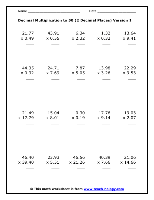 Decimal Multiplication Worksheets 6th Grade