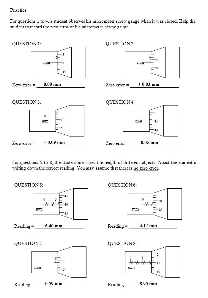 Physics Materials: Vernier Caliper and Micrometer Worksheet