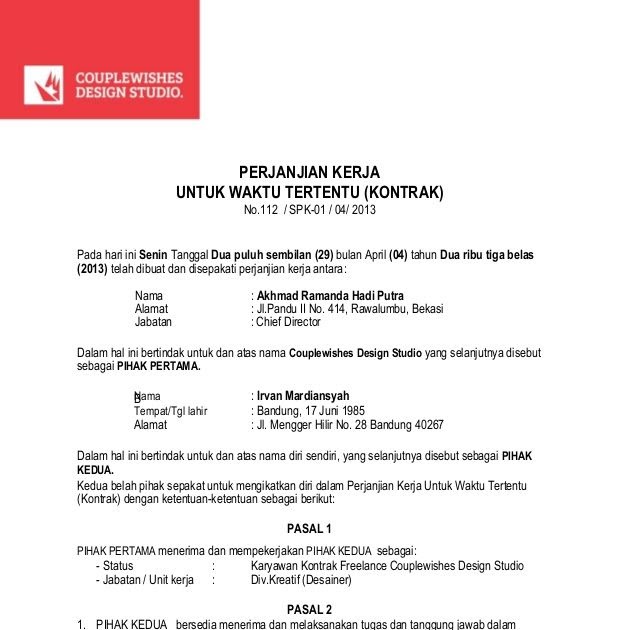 Contoh Surat Kontrak Kerja Waktu Tertentu