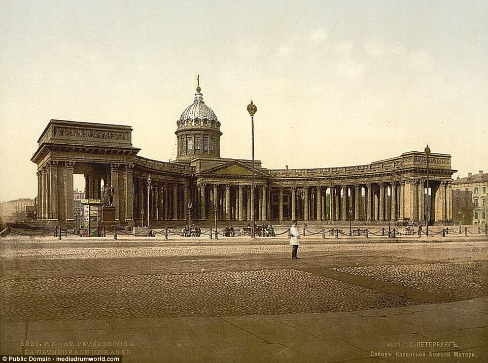 The remarkable series of pictures show some of the best-known landmarks in the country, including the Kasan Cathedral in St Petersburg, during the Tsarist era