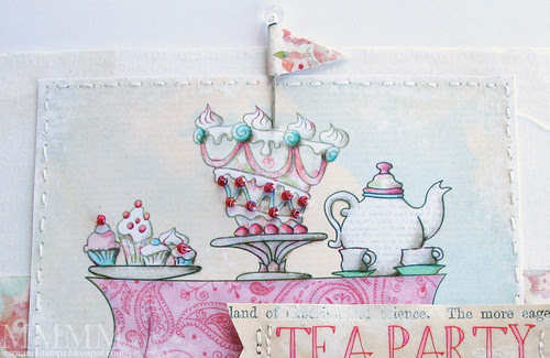 6 Add a flag to the cake - cut a little slit with an exacto knife and slip it the pin into it affix on the back of the image & adhere it to the card