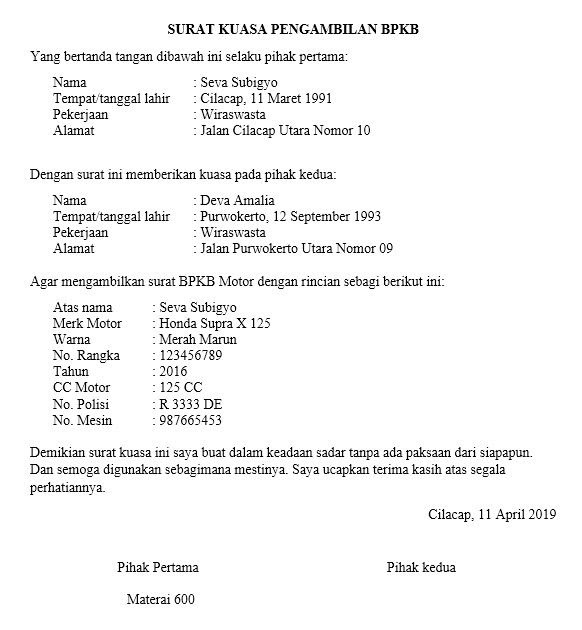 Contoh Surat Kuasa Pengambilan Bpkb Bca Finance Contoh Surat Terbaru