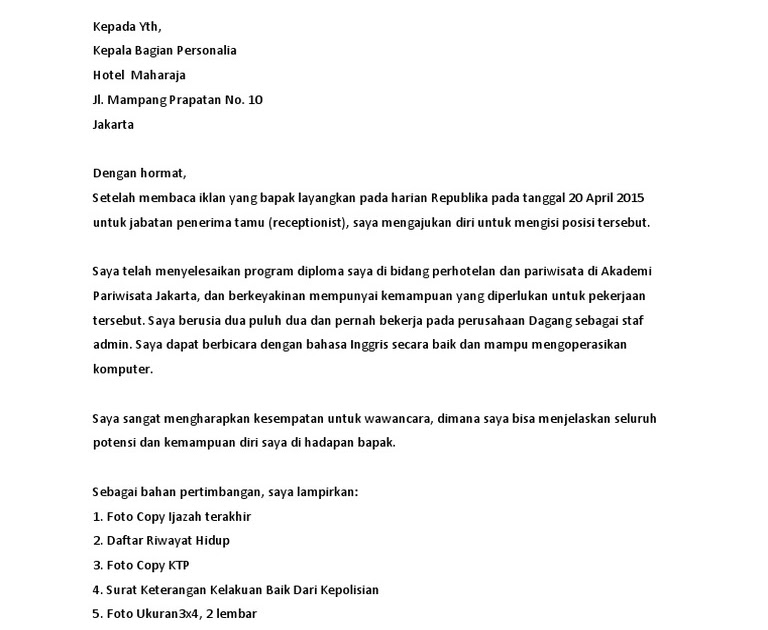 Contoh Surat Lamaran Kerja Housekeeping