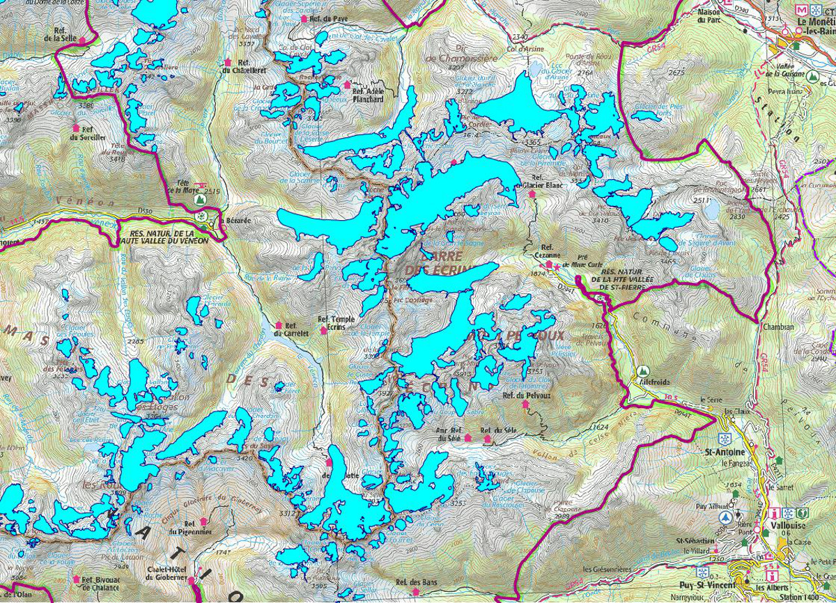 Carte des glaciers du Parc national des Ecrins en 2009  (d'après la thèse de Marie Gardent : Inventaire et retrait des glaciers dans les Alpes françaises depuis la fin du Petit Âge Glaciaire, 2014)