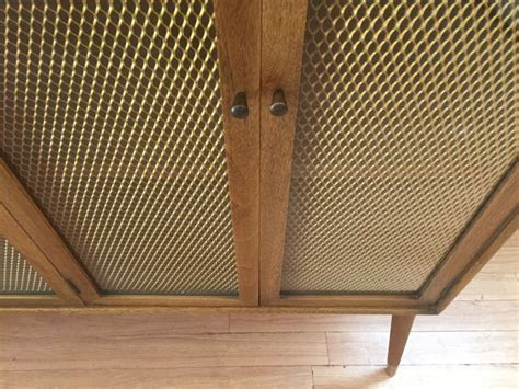 MCM Decorative Walnut Display Cabinet with Bronze Wire Mesh Screen EPOCH MCM Decorative Walnut Display Cabinet with Bronze Wire Mesh Screen EPOCH
