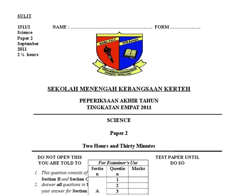 Kertas Peperiksaan Tingkatan 1 / peperiksaan pertengahan tahun Biology