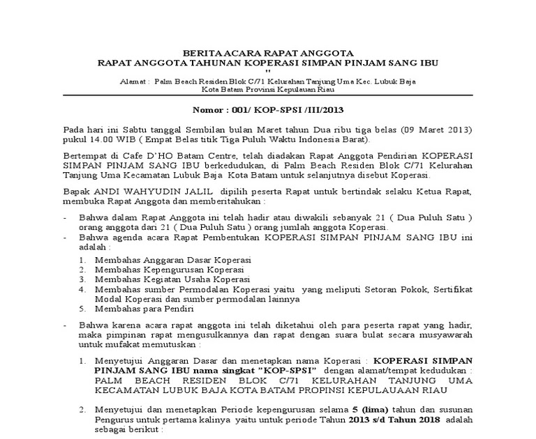 Contoh Laporan Rapat Anggota Tahunan Koperasi