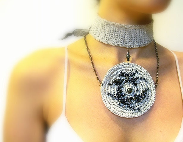 Beaded Crochet Choker Necklace, Silver Metallic Cotton Yarn, Pewter Glass Beads, Ribbon, Black, Handmade - JustColor