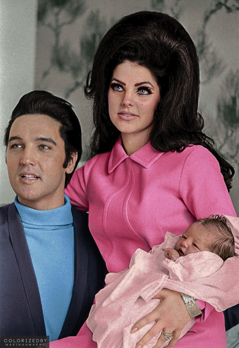 Family photo: Elvis Presley and Priscilla Presley are pictured here with their daughter Lisa Marie. Priscilla and Elvis met in November 1959 when Priscilla was just 14 1/2 years old. Elvis formally proposed to Priscilla in December 1966
