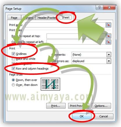 Gambar: Memanfaatkan dialog Page Setup untuk mencetak gridlines serta heading baris/kolom