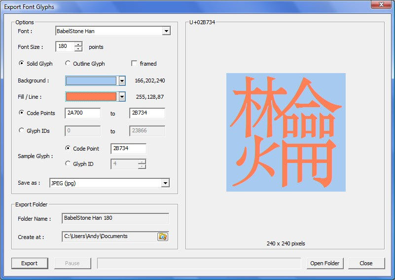 Screenshot of BabelMap's "Export Font Glyphs" utility