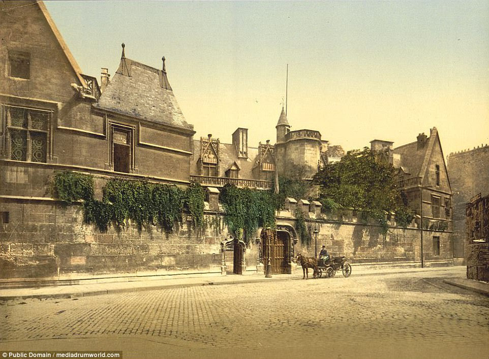 The collection includes this picture of a horse and carriage pulling up to Cluny Museum in Paris. Today, the museum, in the 5th arrondissement of the city, holds the six Lady and the Unicorn tapestries