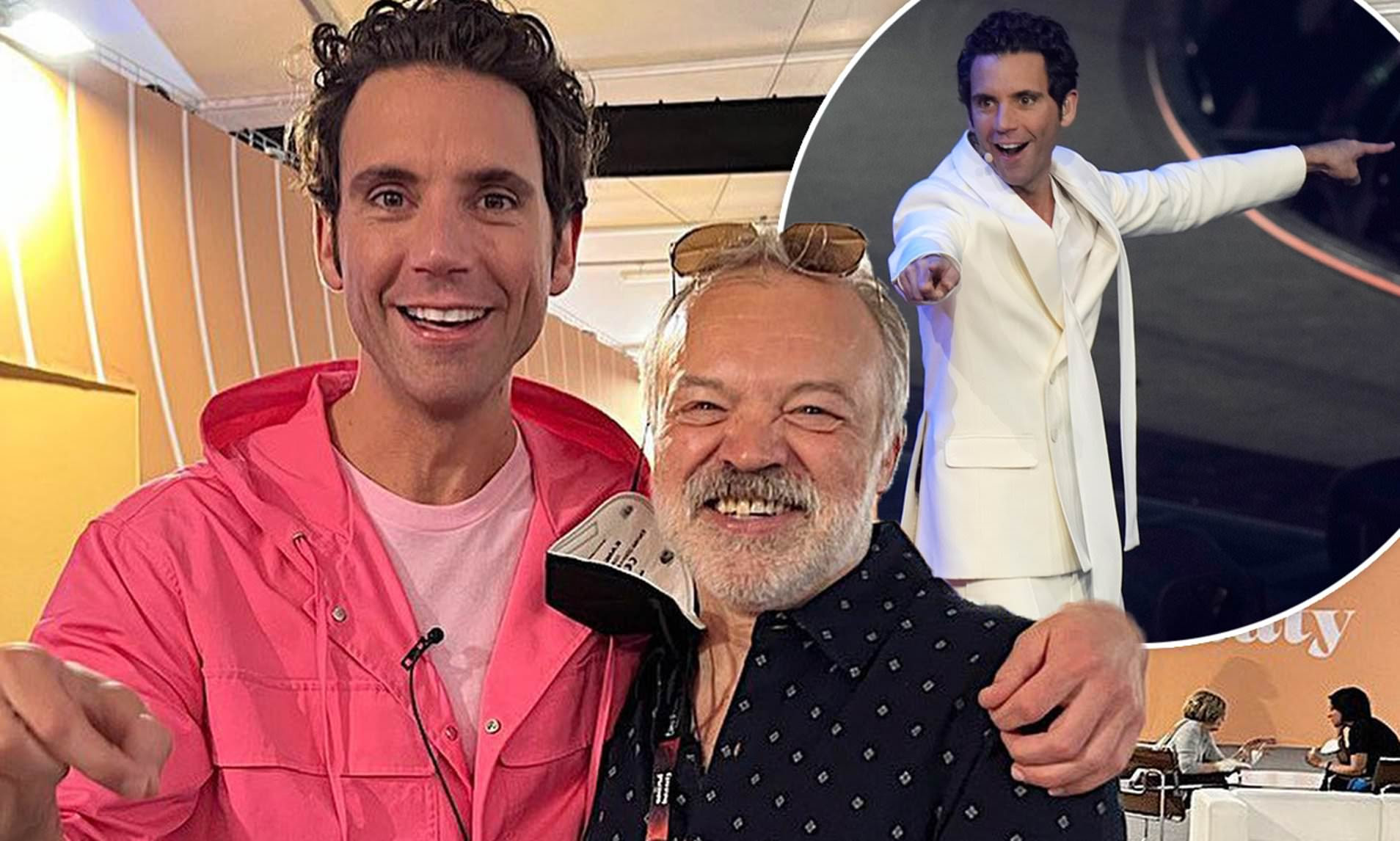 Eurovision host Mika grins as he poses for backstage snap with commentator Graham Norton