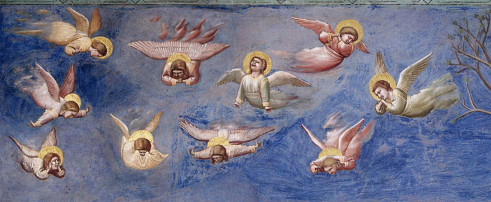 <i>The Mourning of Christ</i>, detail from <i>Scenes from the Life of Christ</i> by Giotto (1266/7–1337), Scrovegni Chapel, Padua, Italy, showing angels lamenting in the sky. 1304–6, fresco painting. From www.wga.hu
