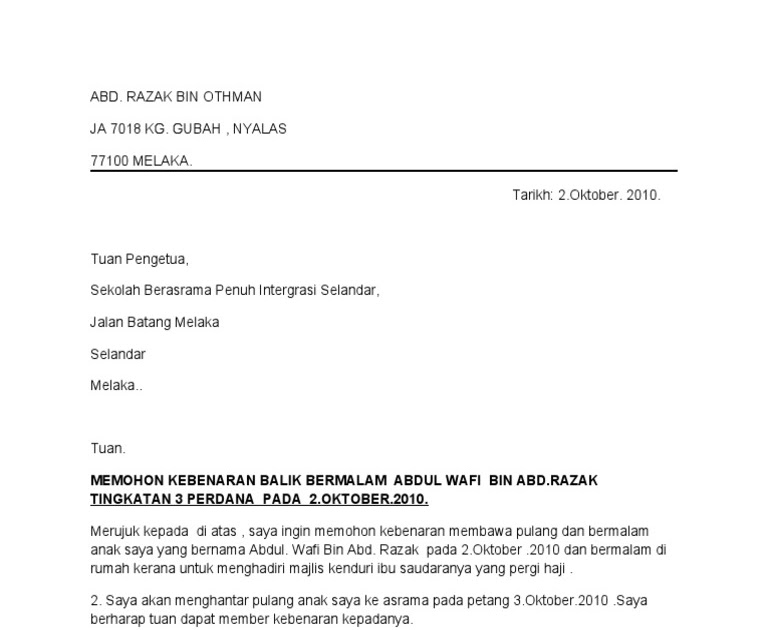 Pelepasan Contoh Surat Kebenaran Keluar Asrama