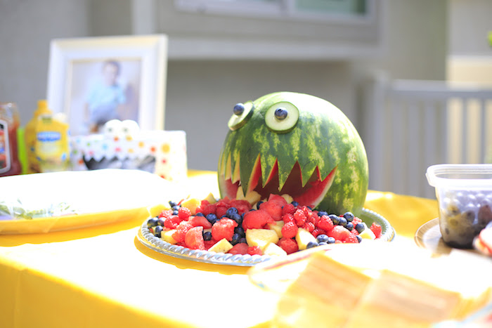 Watermelon Monster fruit bowl from a Little Monster Birthday Party on Kara's Party Ideas | KarasPartyIdeas.com (7)