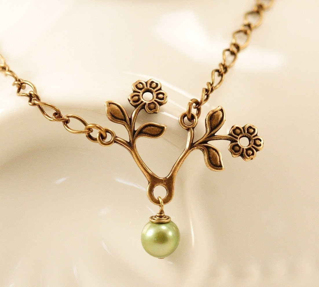 Green Tea Pearl Bloom Brass Necklace