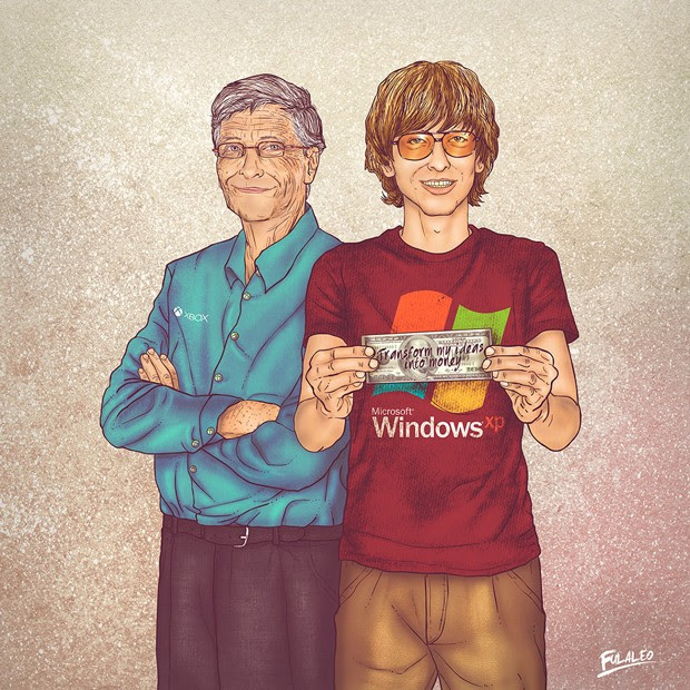 Bill Gates adulto, com camisa do Xbox, aparece ao lado de sua versão jovem, que usa camiseta do Windows XP, em série do colombiano Fulaleo (Foto: Behance/Fulaleo)