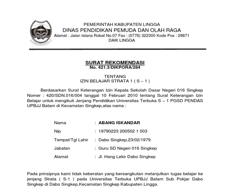 Contoh Surat Rekomendasi Kepala Sekolah Untuk Kuliah