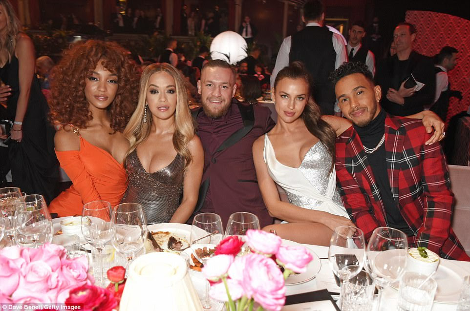 Cheers! (L-R) Jourdan Dunn, Rita Ora, Conor McGregor, Irina Shayk and Lewis Hamilton attend a reception ahead of the gala