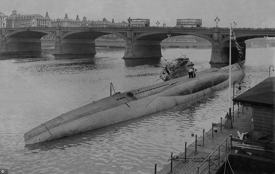A surrendered U-boat after it was sailed up the River Thames before capsizing in 1945. Germany built 360 during the First World War, which destroyed more than 11millions tons of Allied shipping