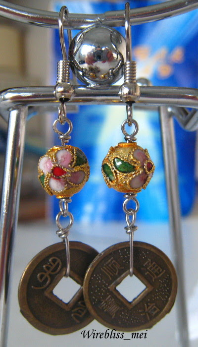 wire wrap earrings wire wrap earrings with Chinese cloisonne beads