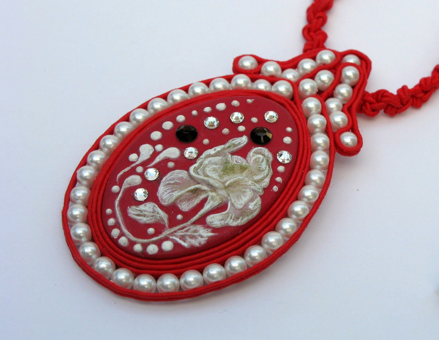 beaded soutache polymer clay necklace with Swarovski crystals and pearls - absolutelynailart