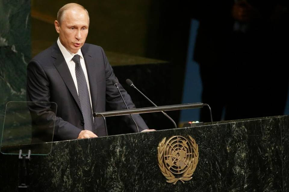 Russian President Vladimir Putin addresses the 70th session of the United Nations General Assembly at U.N. headquarters on Monday, Sept. 28, 2015.