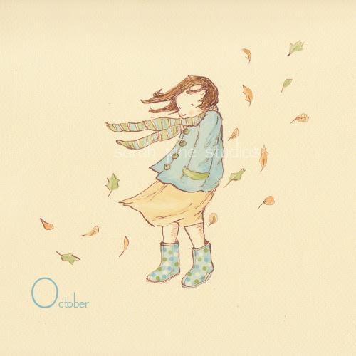 This is how I feel today.
Though sunny (hooray!) today is blustery and cool. Little M and I went on a long walk for groceries this morning. On the way there he was enamoured with the golden crunchy leaves swirling about. On the way home he was happy to put is hood up and be wrapped in a warm blanket (usually he is not so obliging). I savoured every fiery-coloured leaf and the warm sunshine.
I love autumn. And I love this print. (And the whole calendar series from Sarah Jane Studios.)