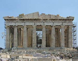 Western facade of the Parthenon during its res...