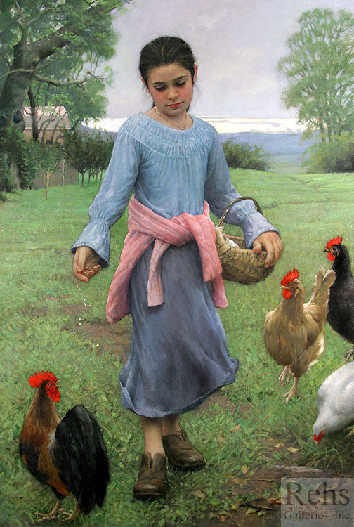 Girl Feeding Her Chickens Girl Feeding Her Chickens