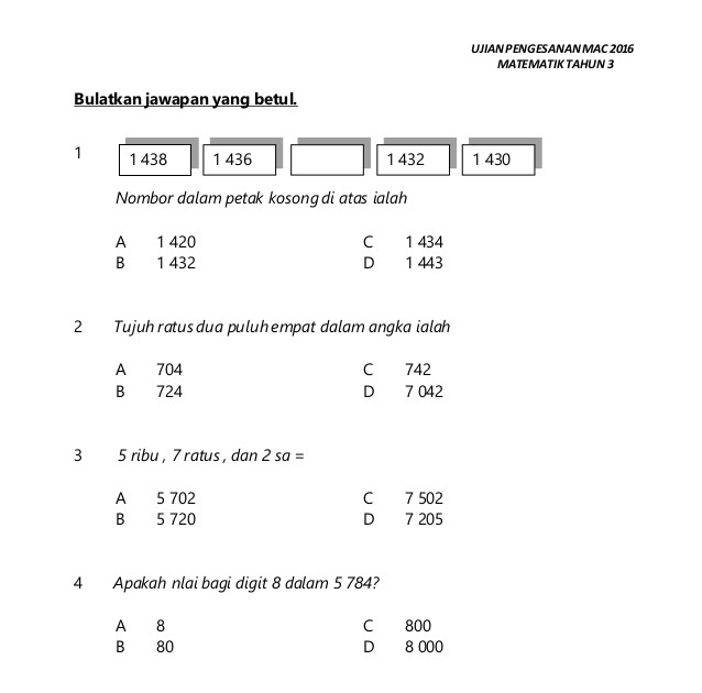 Contoh Soalan Matematik Tahun 1  Contoh Kertas Soalan Matematik Tahun