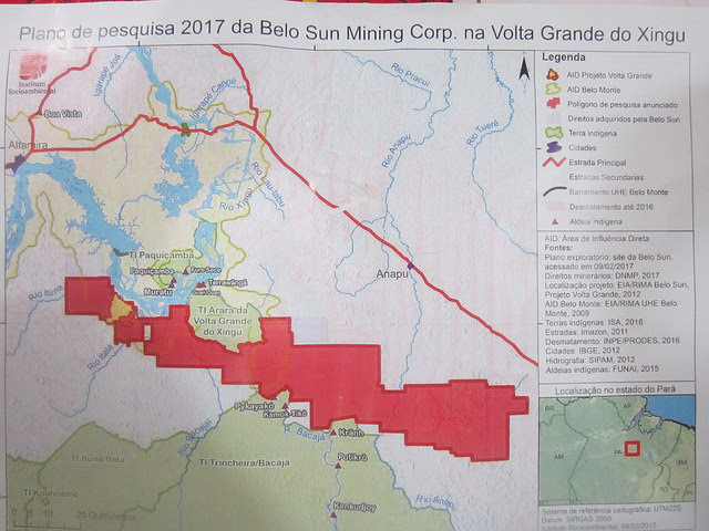 A map from Belo Sun showing the area where the Canadian mining company intends to extract 60 tons of gold. In blue, the Volta Grande or Big Bend in the Xingu River, where the Belo Monte hydroelectric plant has been built, in Brazil’s Amazon region. Credit: Mario Osava/IPS